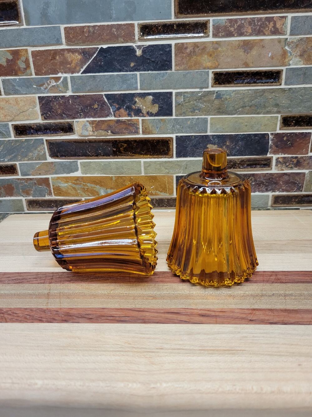 2 Vintage Amber Votive Cups Pegged, Ribbed Pair Candle Sconce Holders